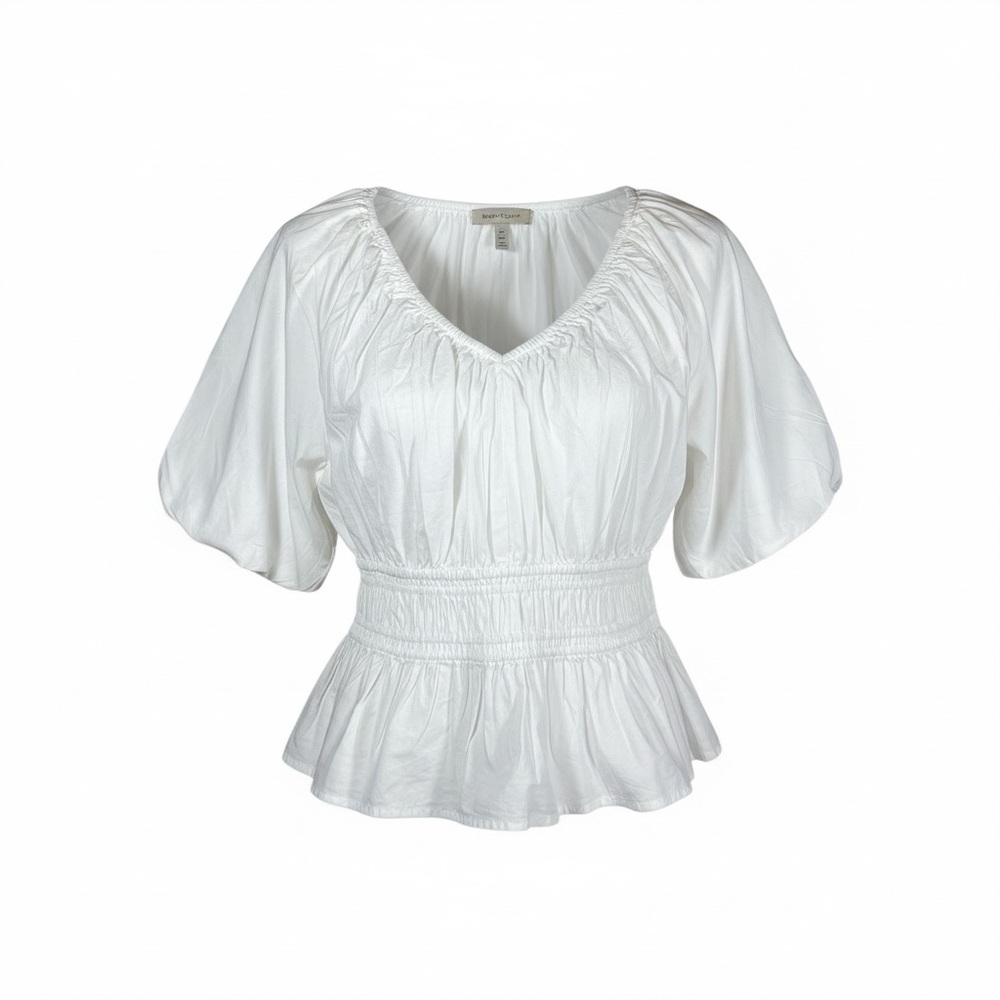 Loft White V Neck Peplum Bell Sleeve Cotton Blend Top M NWOT